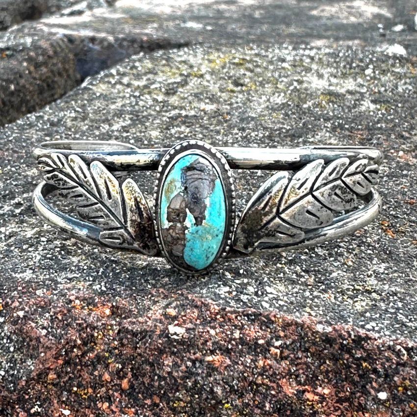 Vintage Navajo Sterling Silver Turquoise 2 Leaf Cuff Bracelet Bracelet