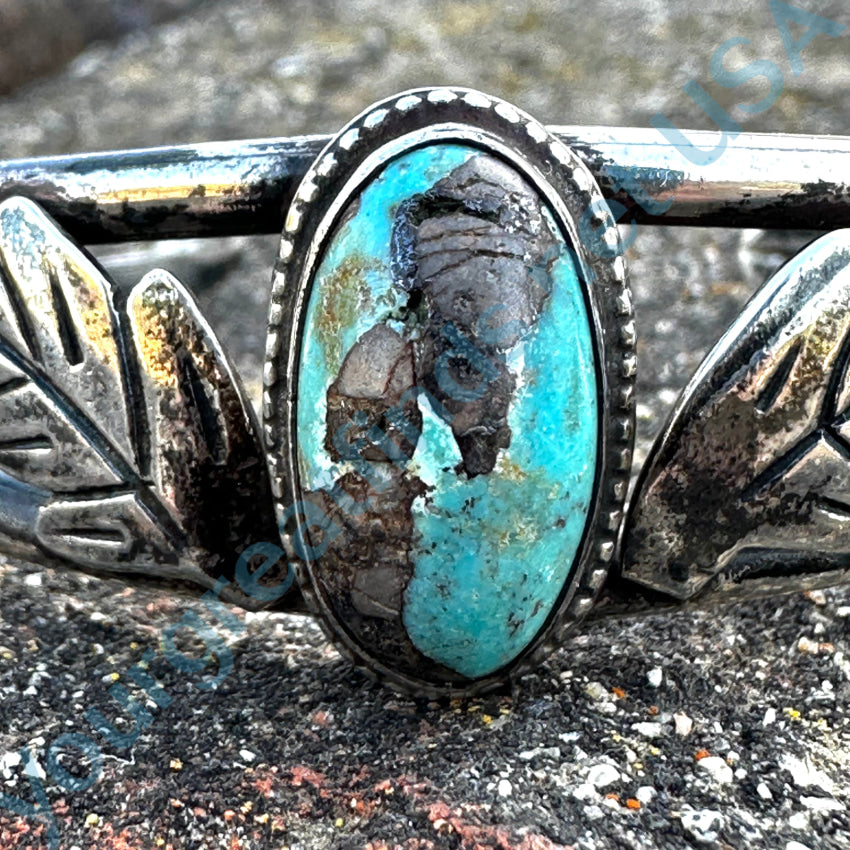 Vintage Navajo Sterling Silver Turquoise 2 Leaf Cuff Bracelet Bracelet