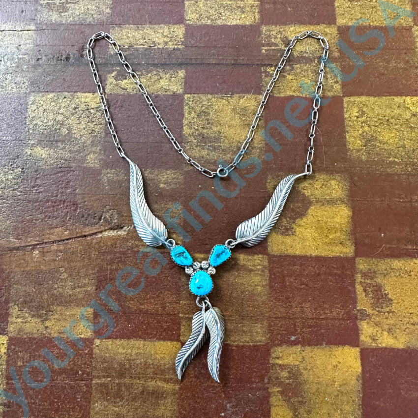 Vintage Navajo Sterling Silver & Turquoise 4 Feather Necklace