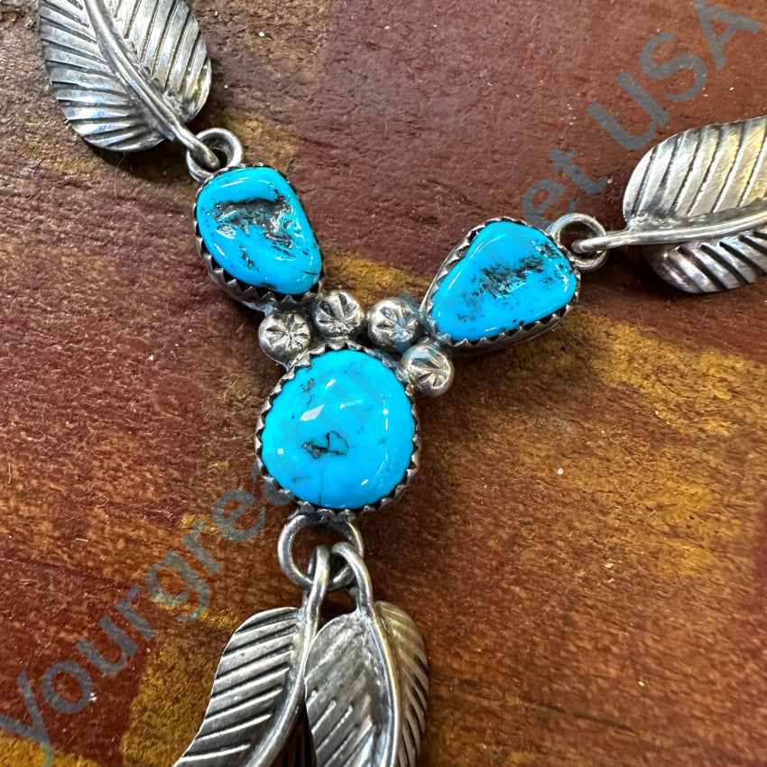 Vintage Navajo Sterling Silver & Turquoise 4 Feather Necklace