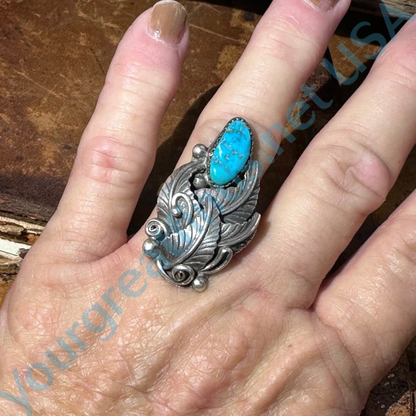 Vintage Navajo Sterling Silver Turquoise Appliqué Ring 7.25