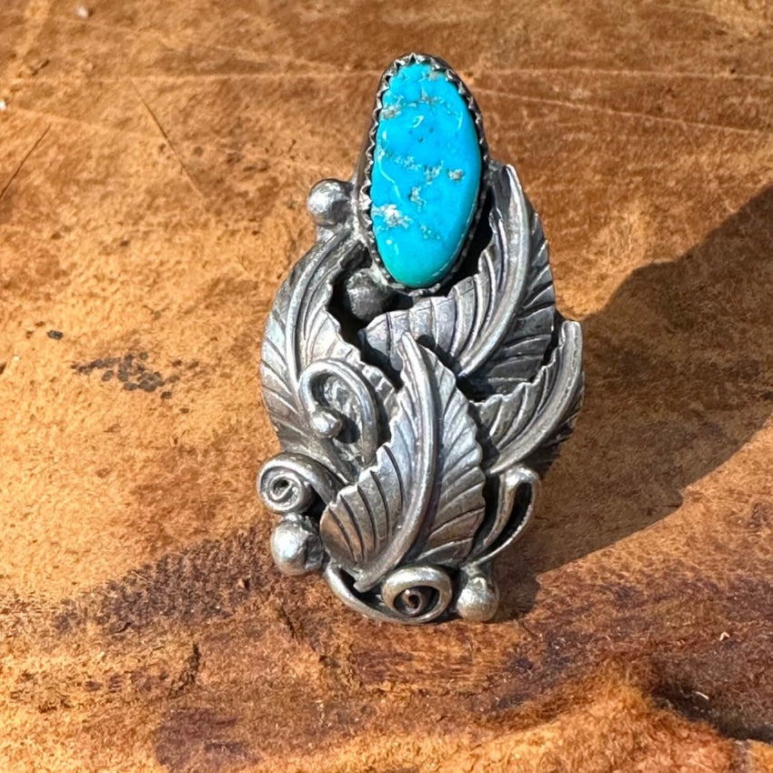 Vintage Navajo Sterling Silver Turquoise Appliqué Ring 7.25