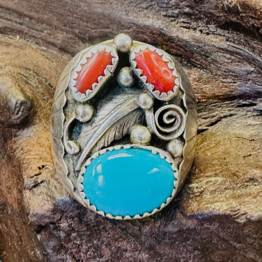 Vintage Navajo Sterling Silver Turquoise Appliqué Ring Size 9.5