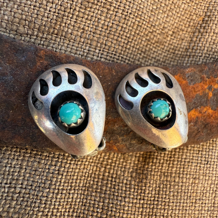 Vintage Navajo Sterling Silver & Turquoise Bear Track Clip On Earrings earrings