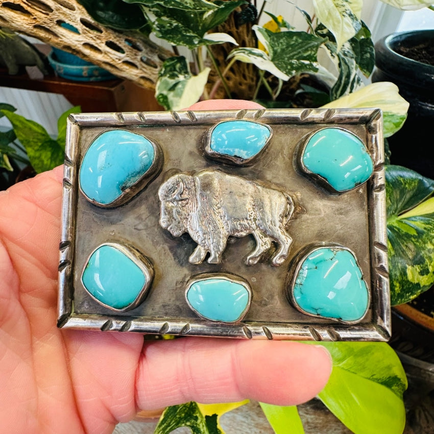 Vintage Navajo Sterling Silver Turquoise Bison Belt Buckle