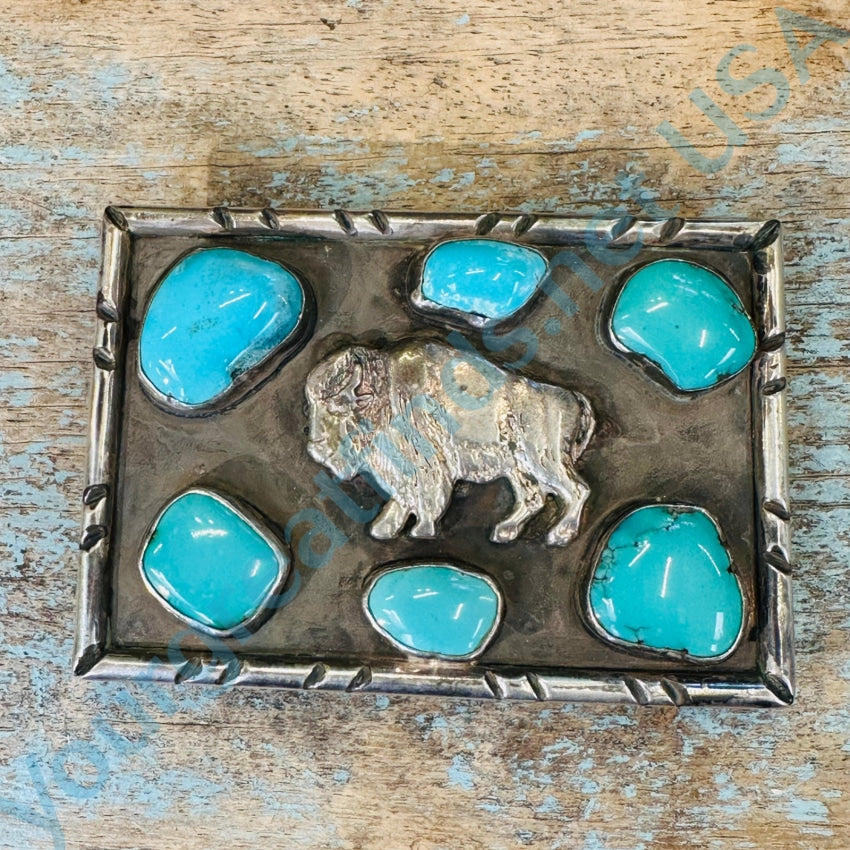 Vintage Navajo Sterling Silver Turquoise Bison Belt Buckle