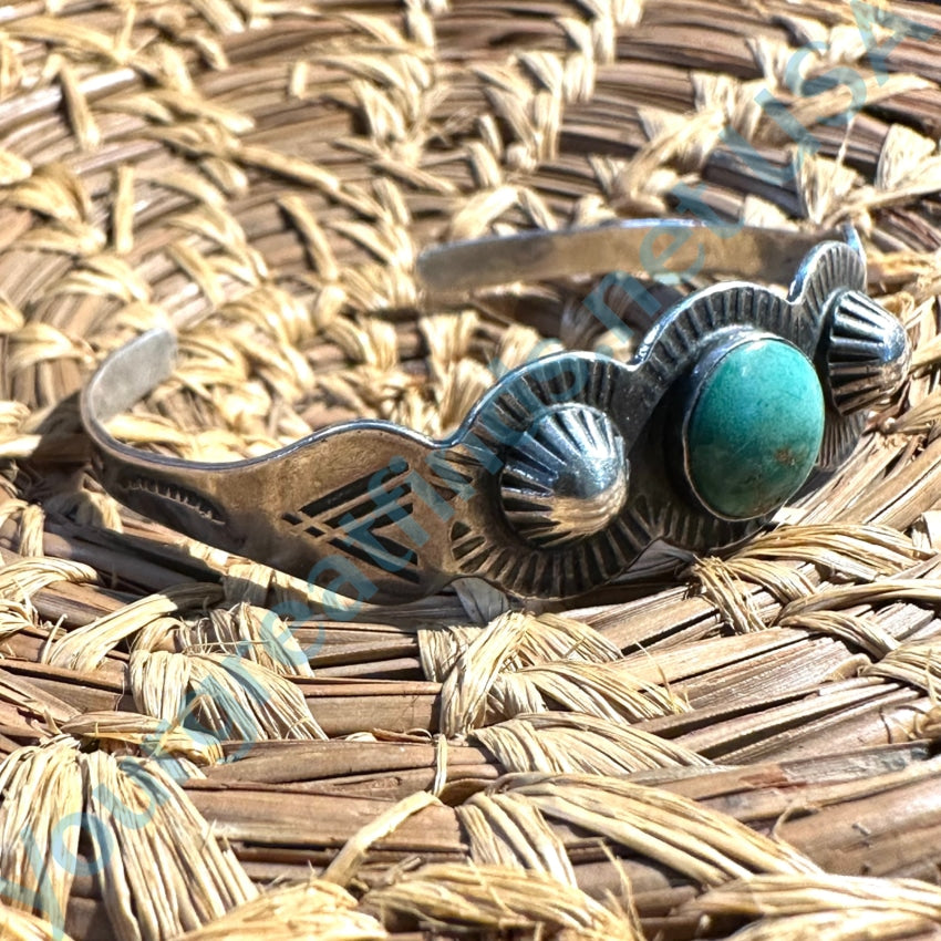 Vintage Navajo Sterling Silver Turquoise Bracelet Fluted Buttons Fred Harvey