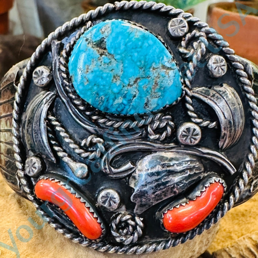 Vintage Navajo Sterling Silver Turquoise C0Ral Bracelet