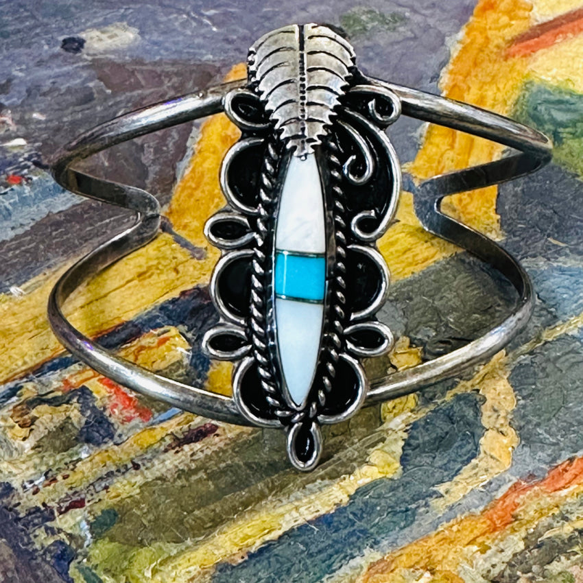 Vintage Navajo Sterling Silver Turquoise Channel Inlay Bracelet Bracelet