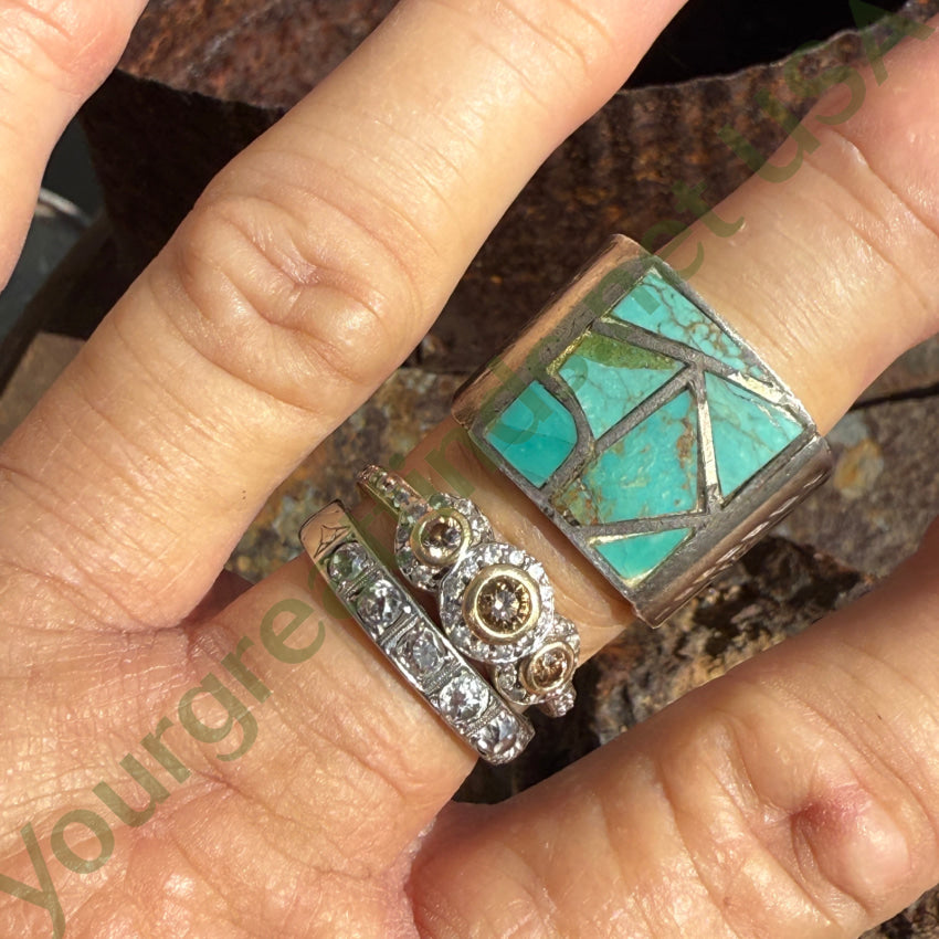 Vintage Navajo Sterling SIlver Turquoise Channel Inlay Ring 10 ring