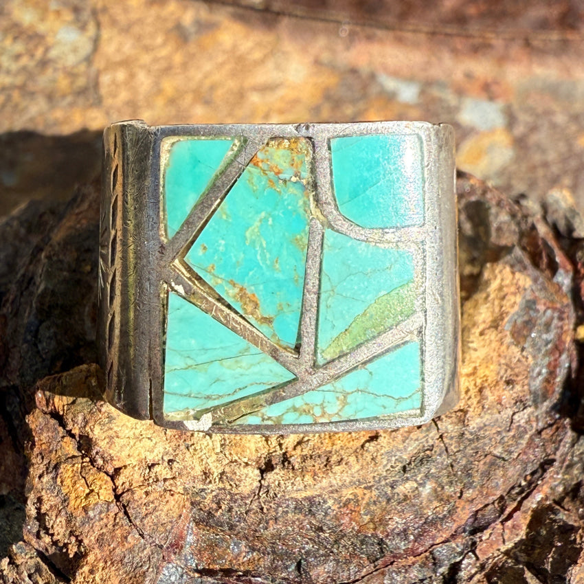Vintage Navajo Sterling SIlver Turquoise Channel Inlay Ring 10 ring