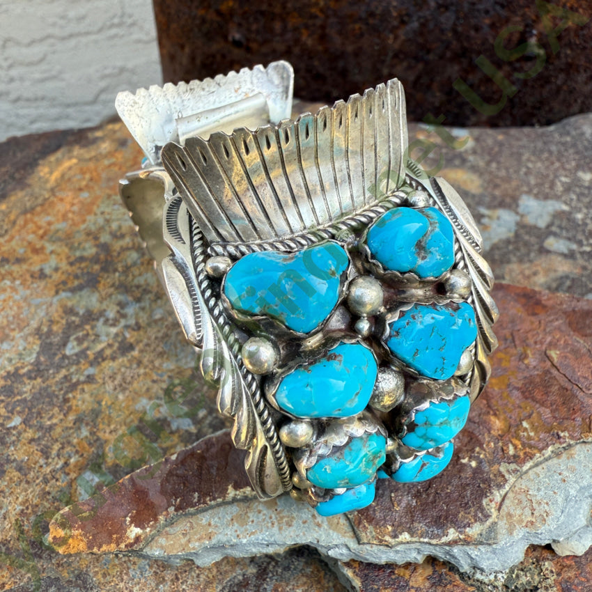 Vintage Navajo Sterling Silver Turquoise Cluster Watch Band Cuff watchband bracelet