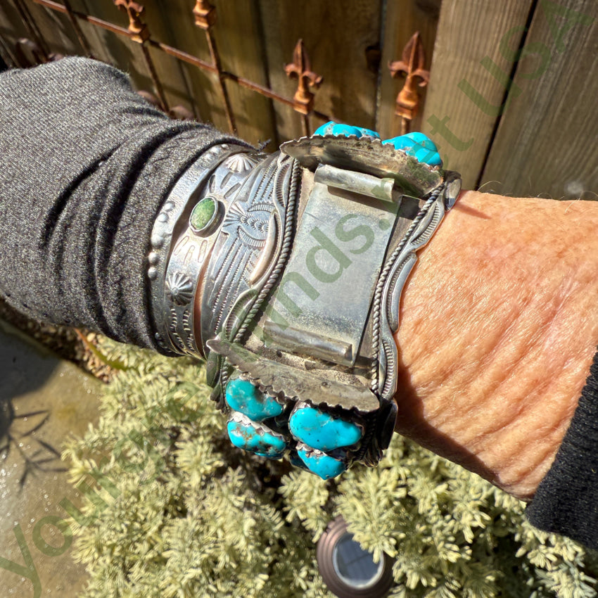 Vintage Navajo Sterling Silver Turquoise Cluster Watch Band Cuff watchband bracelet