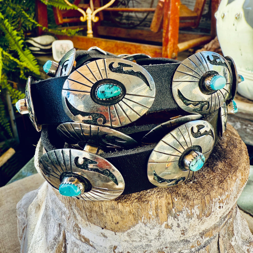 Vintage Navajo Sterling Silver & Turquoise Concho Belt belt