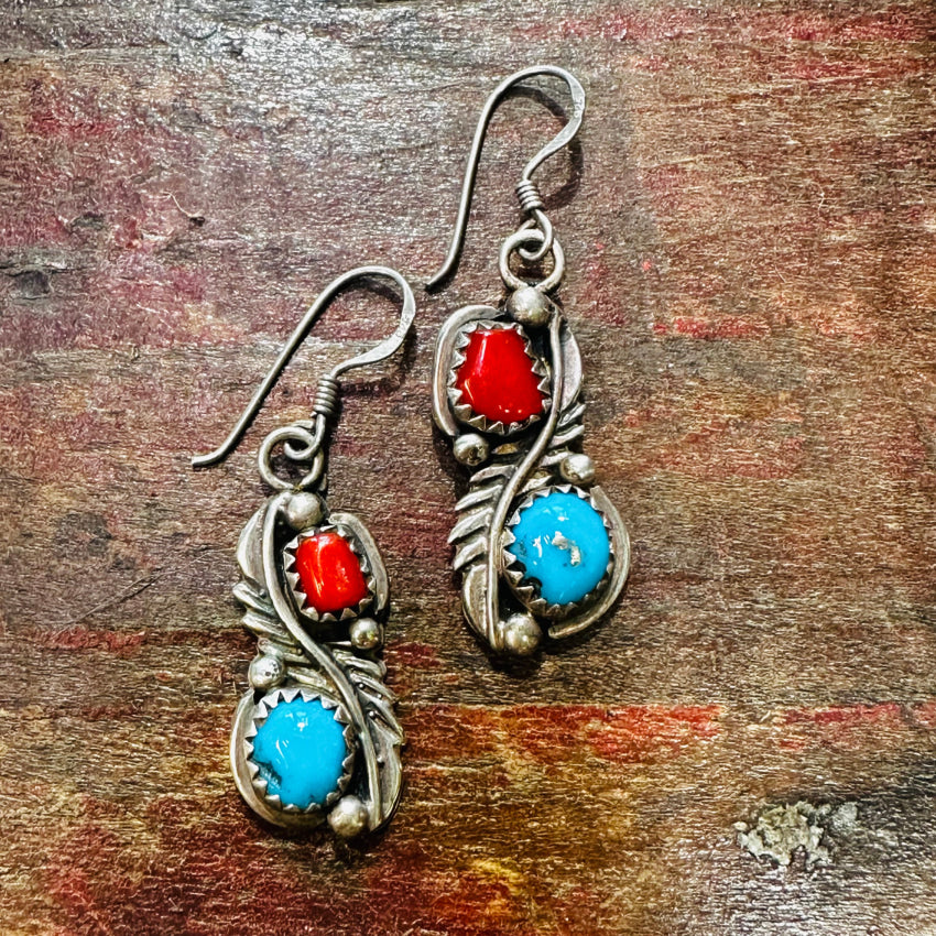 Vintage Navajo Sterling Silver Turquoise Coral Pierced Earrings