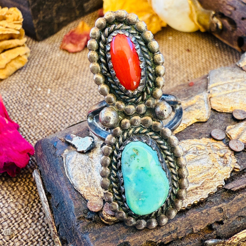 Vintage Navajo Sterling Silver Turquoise & Coral Ring 5 pin