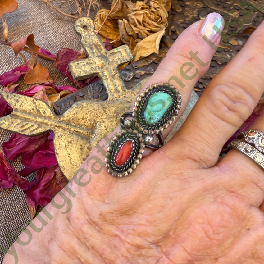 Vintage Navajo Sterling Silver Turquoise & Coral Ring 5 pin