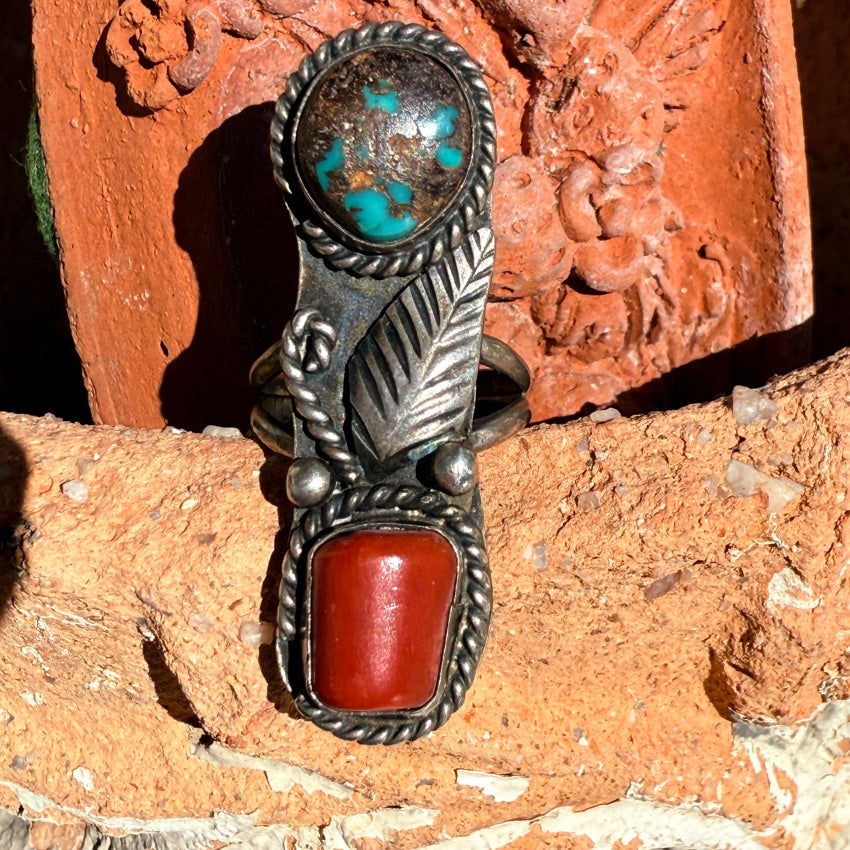 Vintage Navajo Sterling Silver Rare Bisbee Turquoise & Coral Ring 6 ring