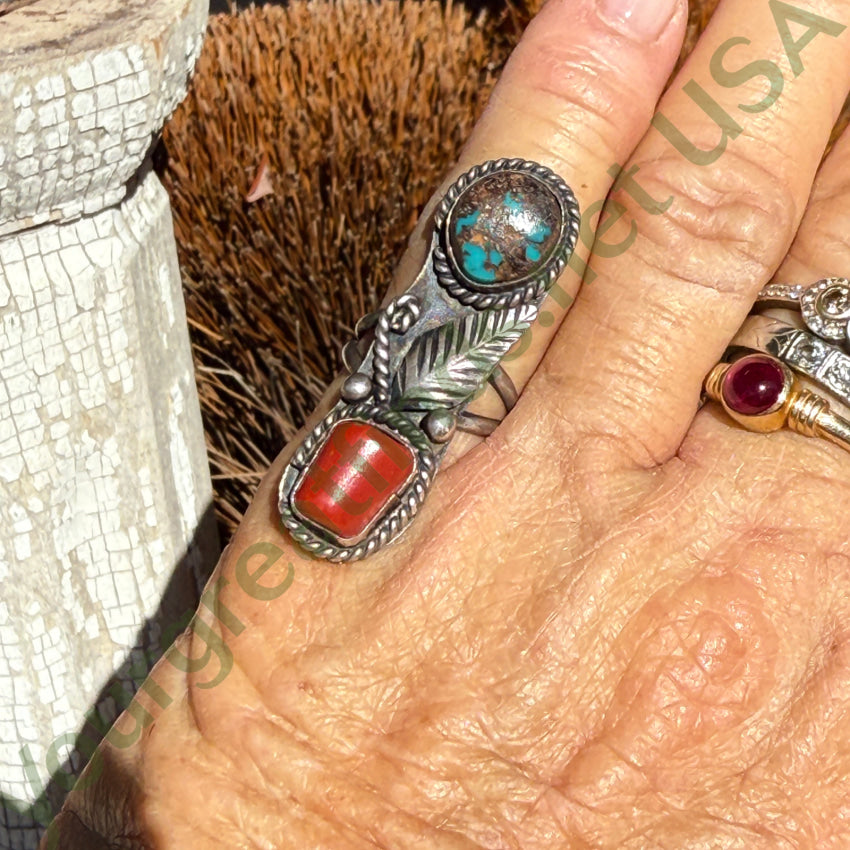 Vintage Navajo Sterling Silver Rare Bisbee Turquoise & Coral Ring 6 ring