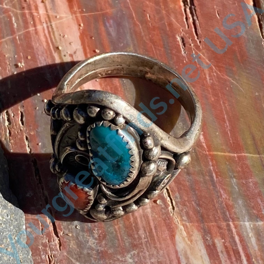 Vintage Navajo Sterling Silver Turquoise Coral Ring Size 11