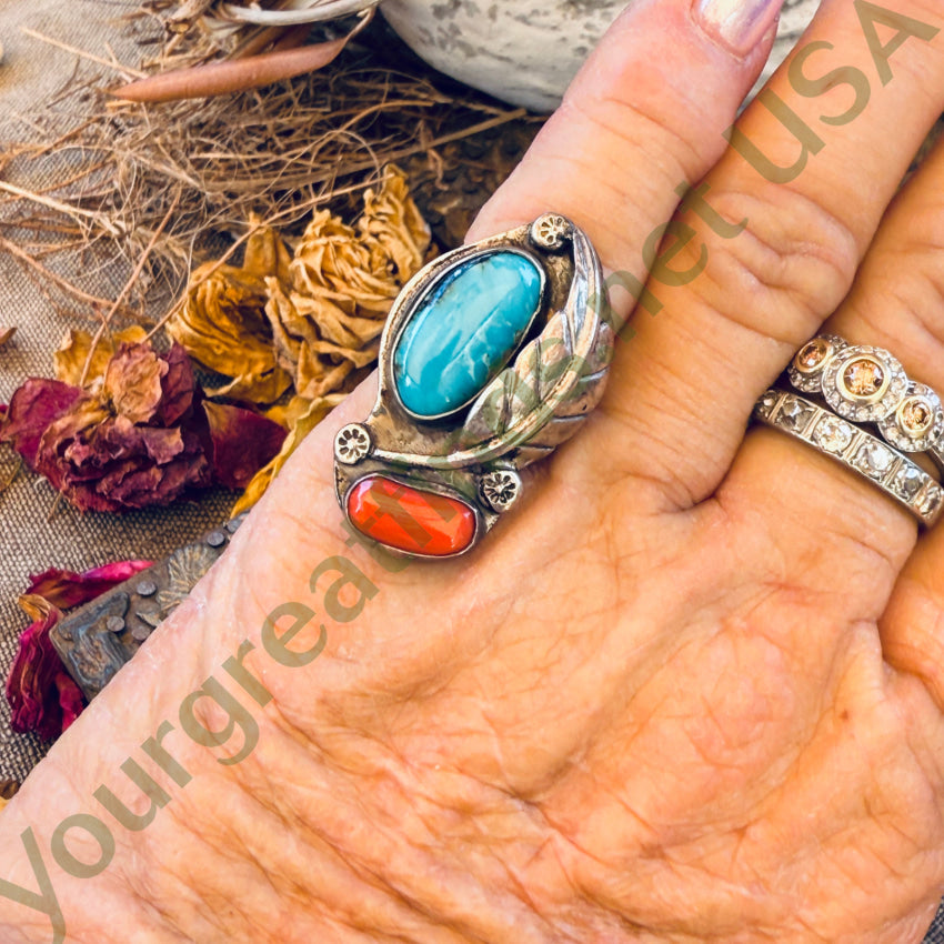 Vintage Navajo Sterling Silver Turquoise & Coral Ring Size 6 earrings