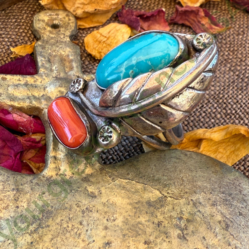 Vintage Navajo Sterling Silver Turquoise & Coral Ring Size 6 earrings