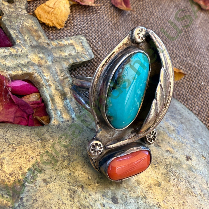 Vintage Navajo Sterling Silver Turquoise & Coral Ring Size 6 earrings