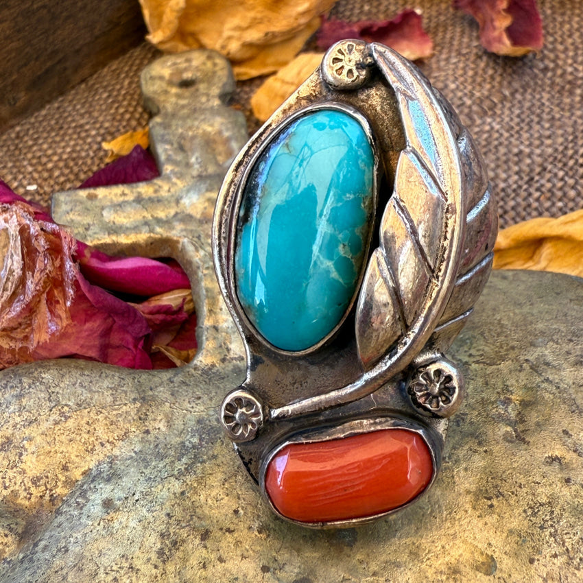 Vintage Navajo Sterling Silver Turquoise & Coral Ring Size 6 earrings