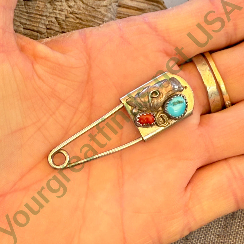 Vintage Navajo Sterling Silver Turquoise Coral Safety Pin Key Ring earrings