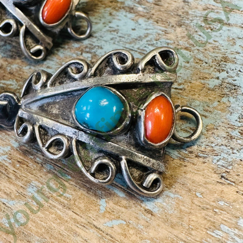 Vintage Navajo Sterling Silver Turquoise C0Ral Watch Band Plates
