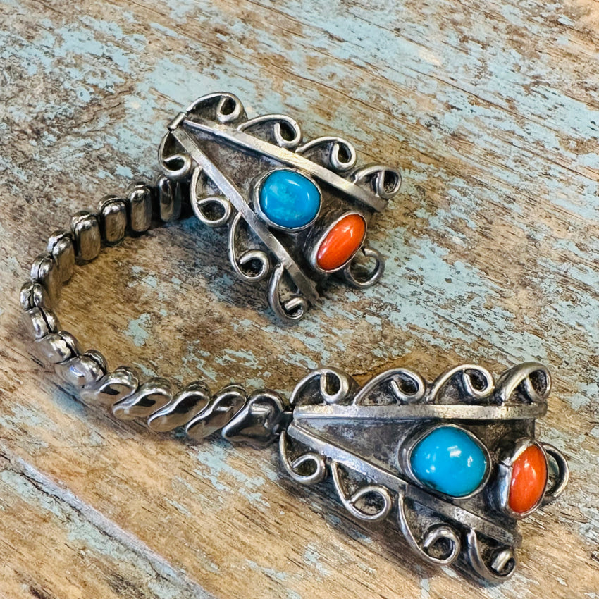 Vintage Navajo Sterling Silver Turquoise C0Ral Watch Band Plates