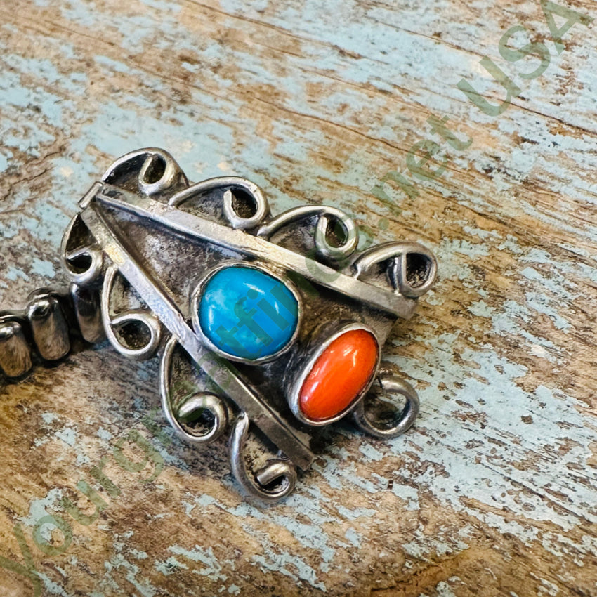 Vintage Navajo Sterling Silver Turquoise C0Ral Watch Band Plates