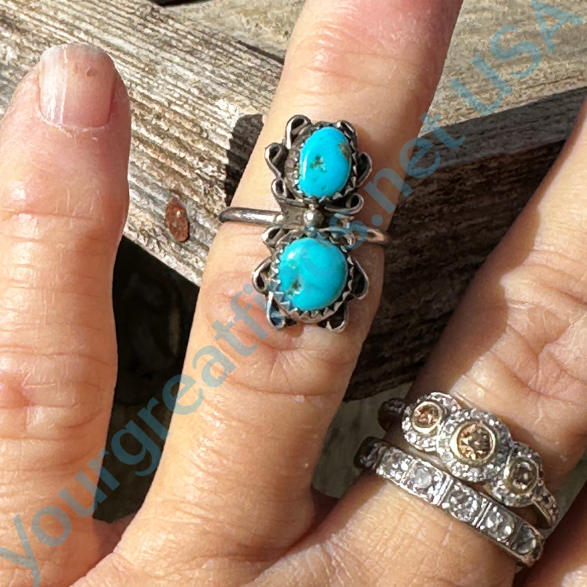 Vintage Navajo Sterling Silver & Turquoise Double Stone Ring 6 Ring