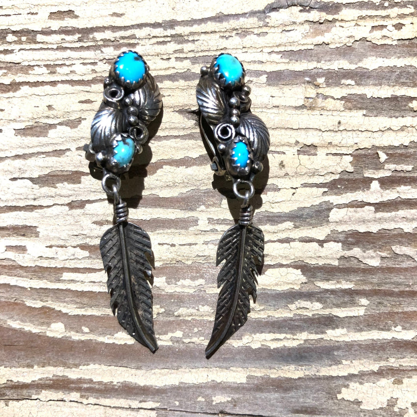 Vintage Navajo Sterling Silver Turquoise Feather Clip Earrings