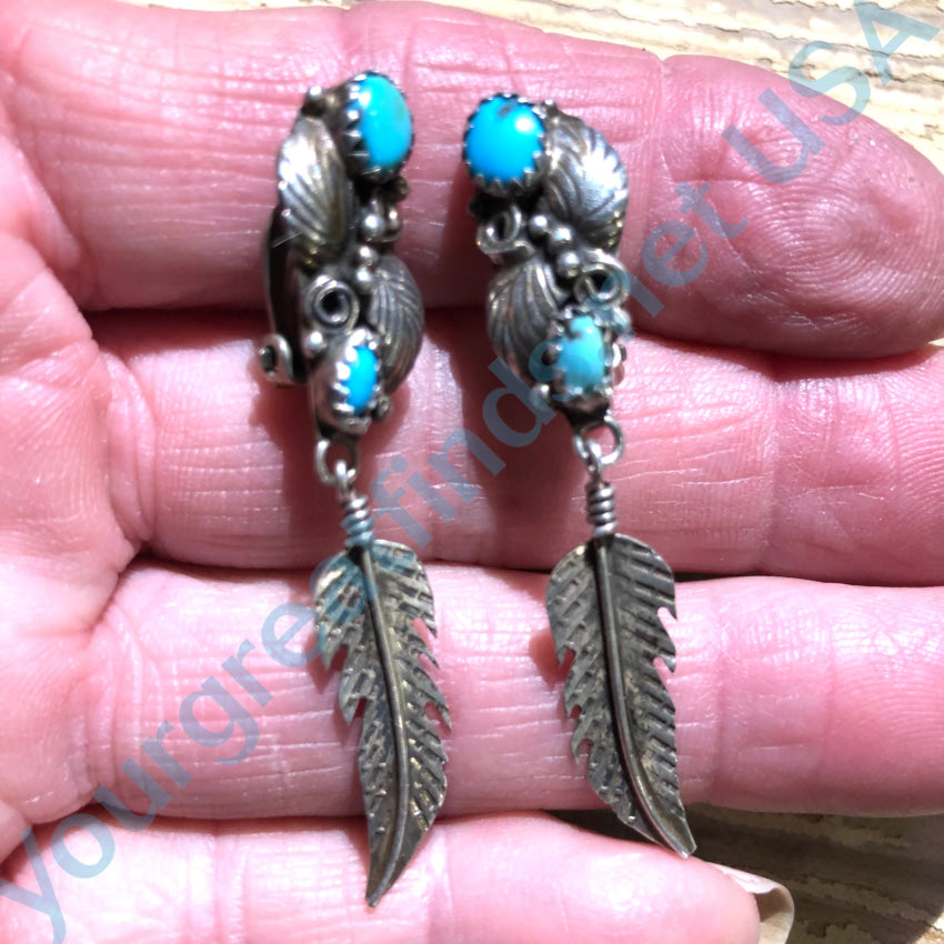 Vintage Navajo Sterling Silver Turquoise Feather Clip Earrings