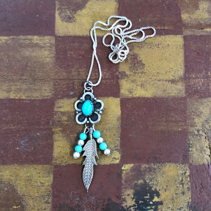 Vintage Navajo Sterling Silver & Turquoise Flower Feather Necklace Necklace