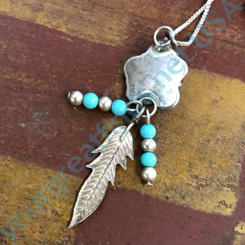 Vintage Navajo Sterling Silver & Turquoise Flower Feather Necklace Necklace