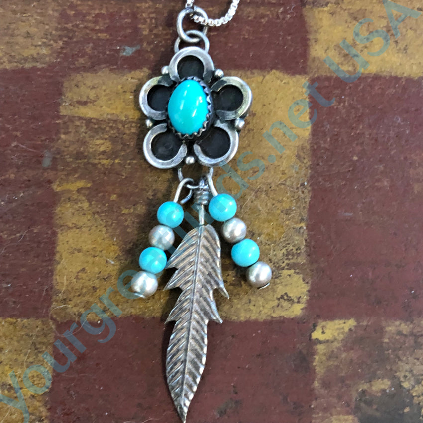 Vintage Navajo Sterling Silver & Turquoise Flower Feather Necklace Necklace