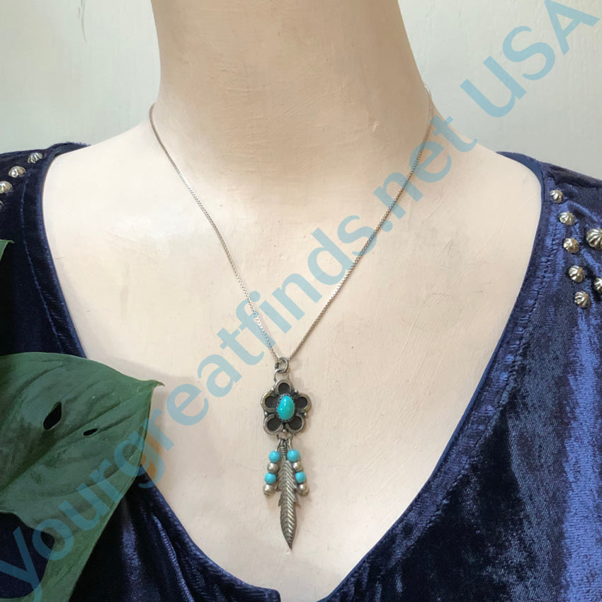 Vintage Navajo Sterling Silver & Turquoise Flower Feather Necklace Necklace