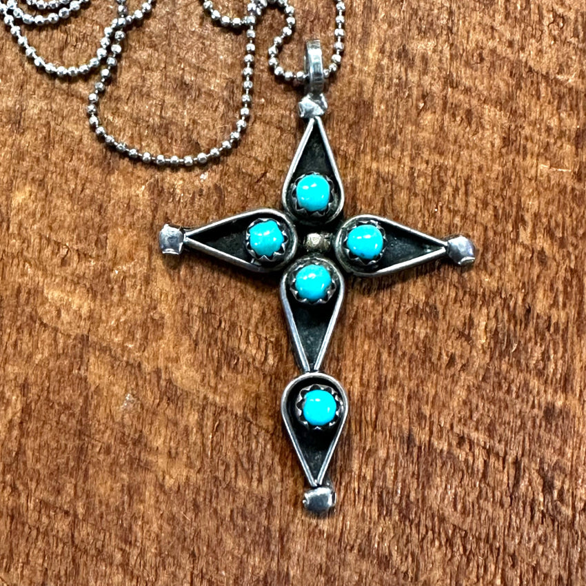 Vintage Navajo Sterling Silver & Turquoise Holy Cross Necklace Necklace