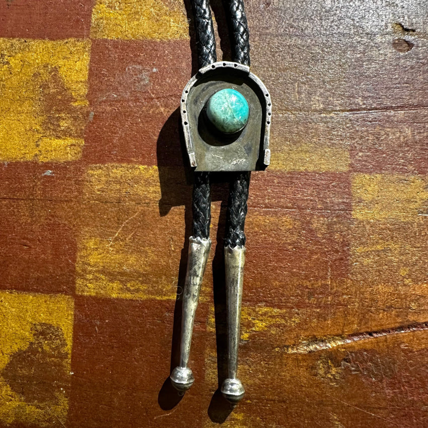 Vintage Navajo Sterling Silver Turquoise Horseshoe Bolo Tie