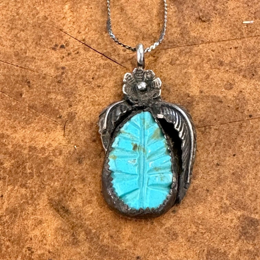 Vintage Navajo Sterling Silver Turquoise Leaf Necklace