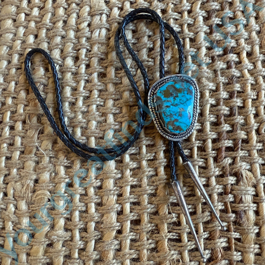 Vintage Navajo Sterling Silver & Turquoise Leather Bolo Tie Bolo Tie