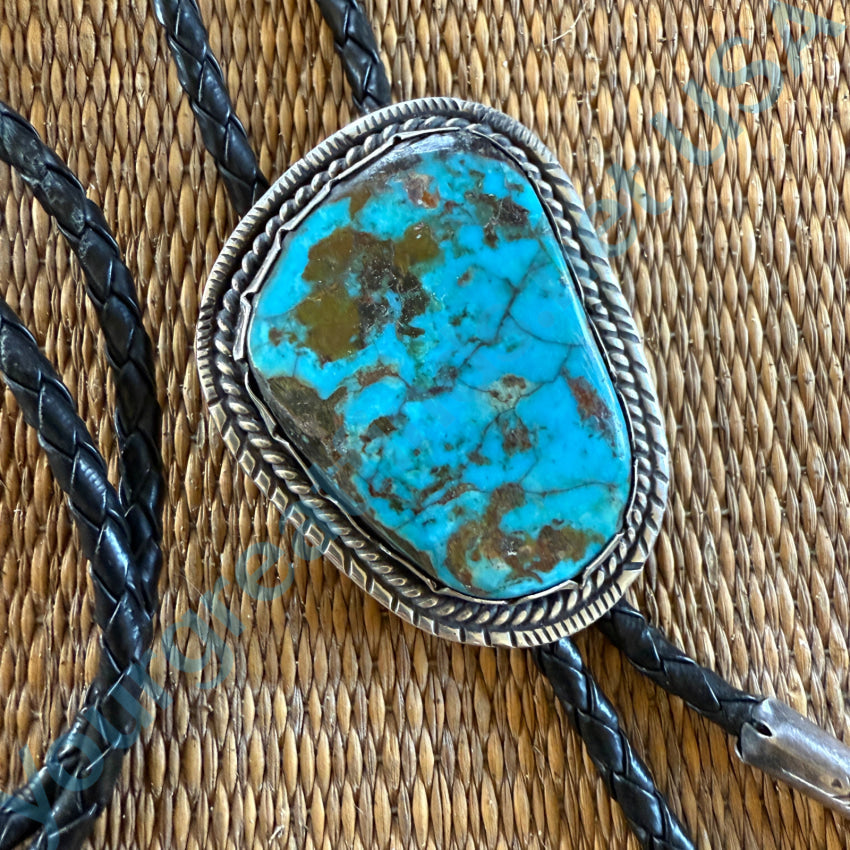 Vintage Navajo Sterling Silver & Turquoise Leather Bolo Tie Bolo Tie