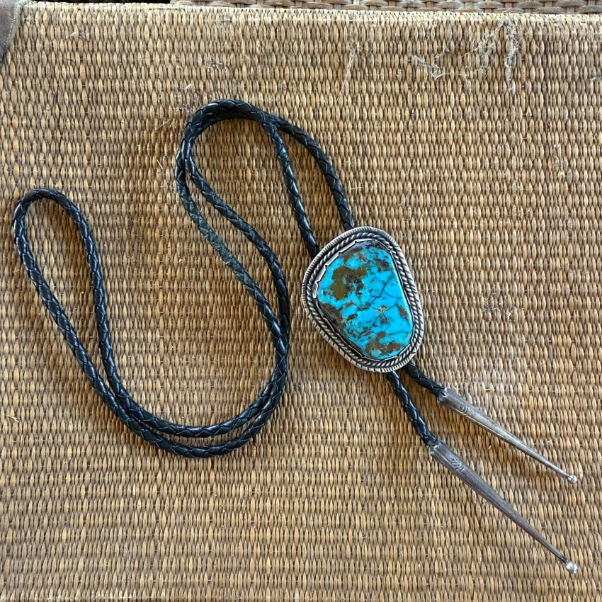 Vintage Navajo Sterling Silver & Turquoise Leather Bolo Tie Bolo Tie