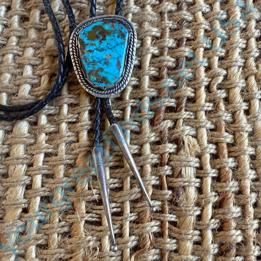 Vintage Navajo Sterling Silver & Turquoise Leather Bolo Tie Bolo Tie