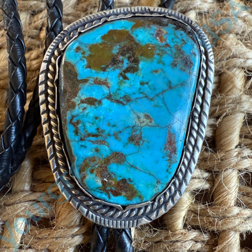 Vintage Navajo Sterling Silver & Turquoise Leather Bolo Tie Bolo Tie