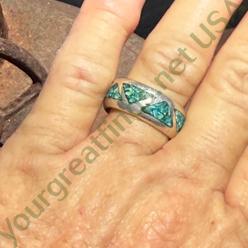 Vintage Navajo Sterling Silver Turquoise Mosaic Band Ring 8 3/4 ring