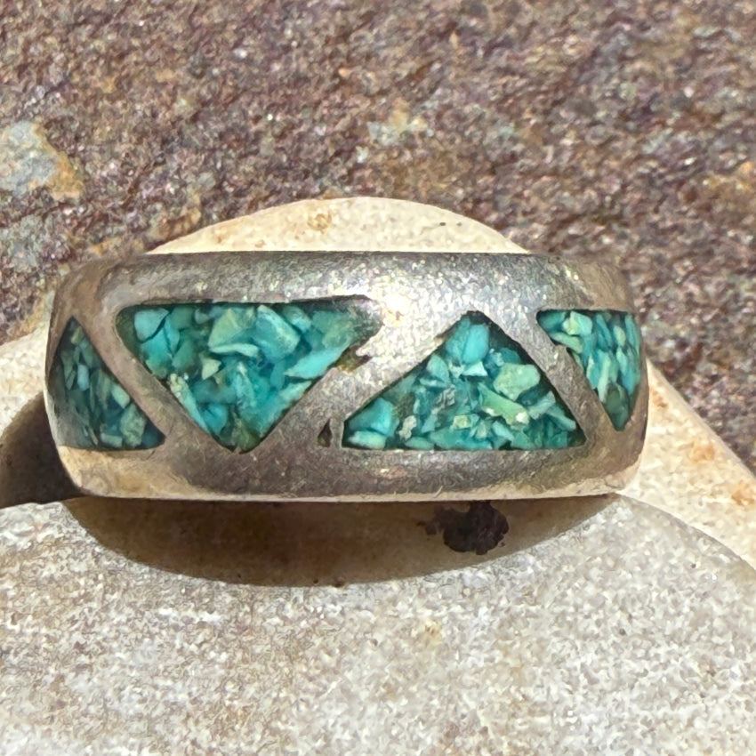 Vintage Navajo Sterling Silver Turquoise Mosaic Band Ring 8 3/4 ring