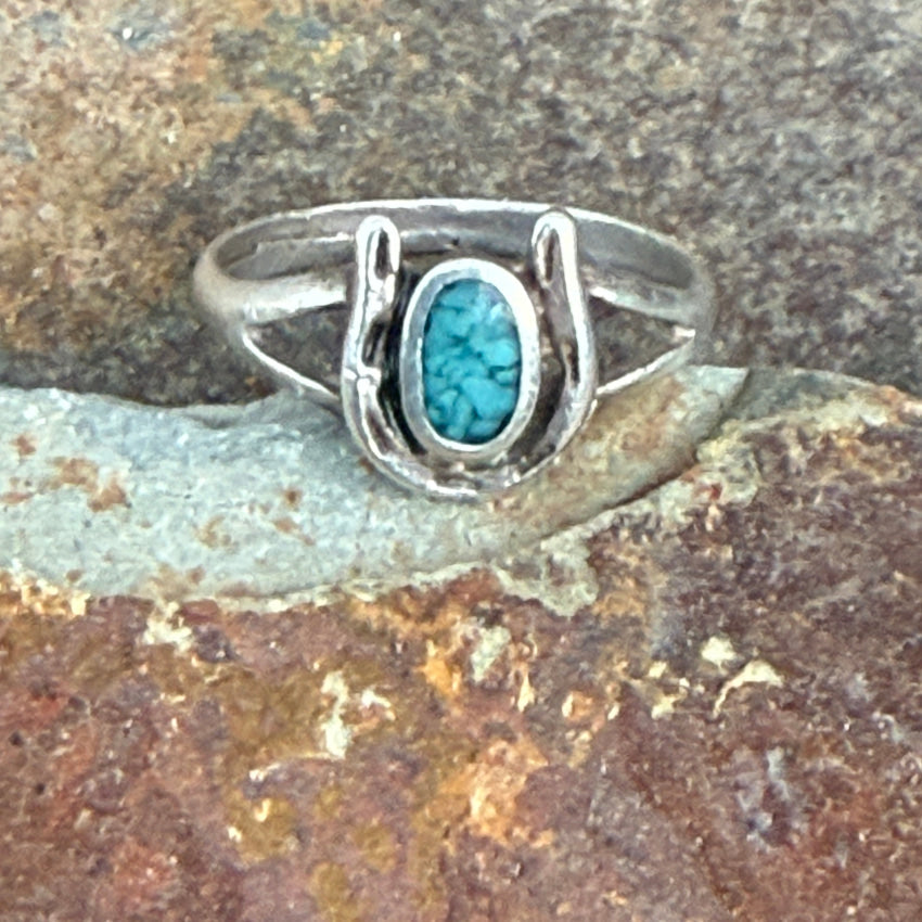 Vintage Navajo Sterling Silver Turquoise Mosaic Horseshoe Ring Size 5 Ring